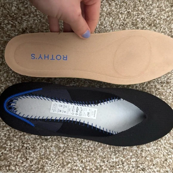 Rothy's The Daily Flat Black Knit Ballet Flats with Blue Heel Trim - Picture 9 of 11